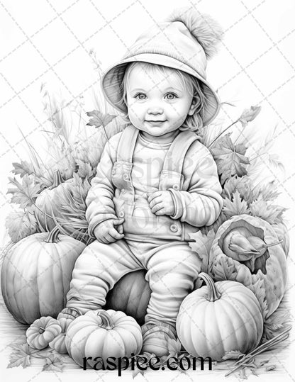 40 Pumpkin Babies Grayscale Coloring Pages for Adults and Kids, Printable PDF File Instant Download