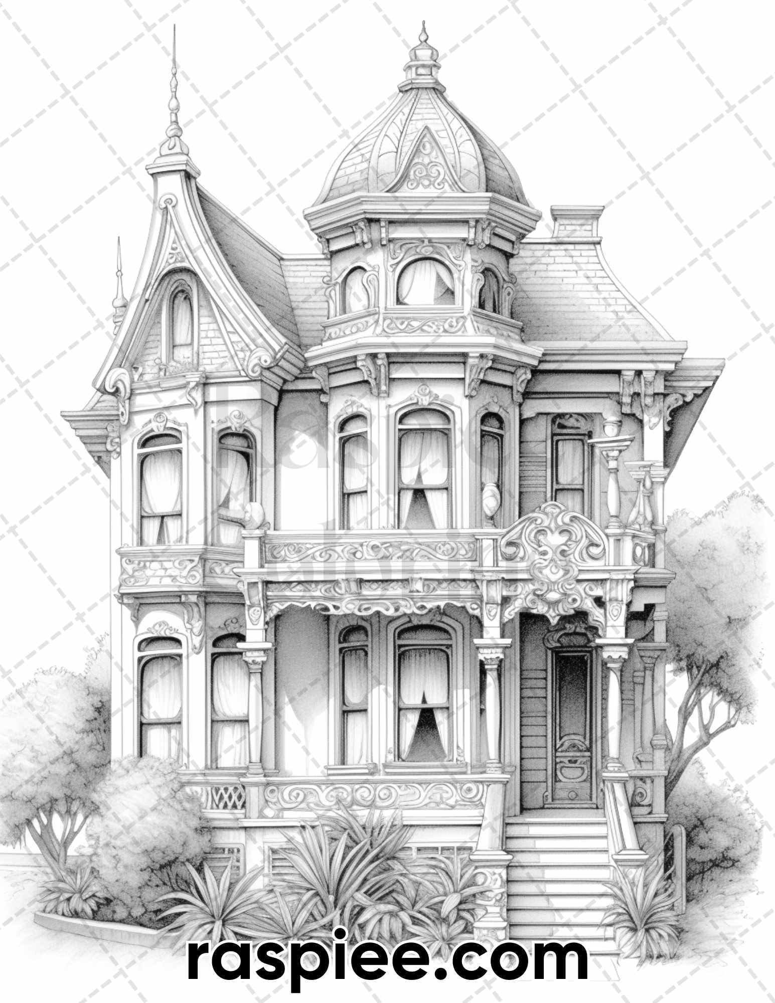 40 Victorian Mansions Grayscale Coloring Pages for Adults, Printable PDF Instant Download