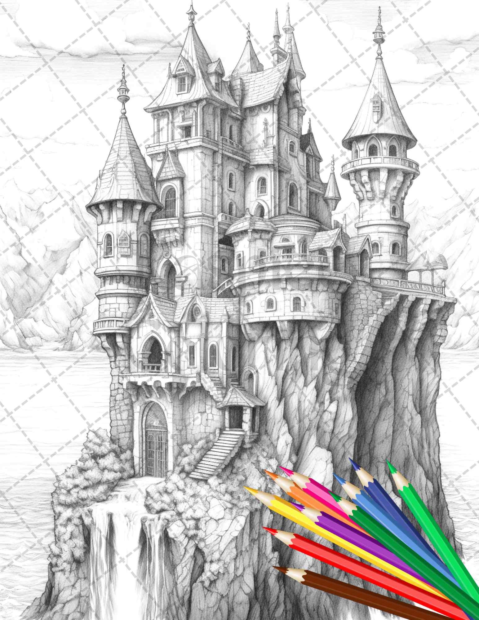 40 Creepy Gothic Houses Grayscale Coloring Pages Printable for Adults, PDF File Instant Download