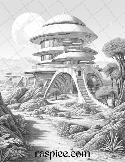 40 Alien Houses Grayscale Coloring Pages for Adults, Printable PDF File Instant Download