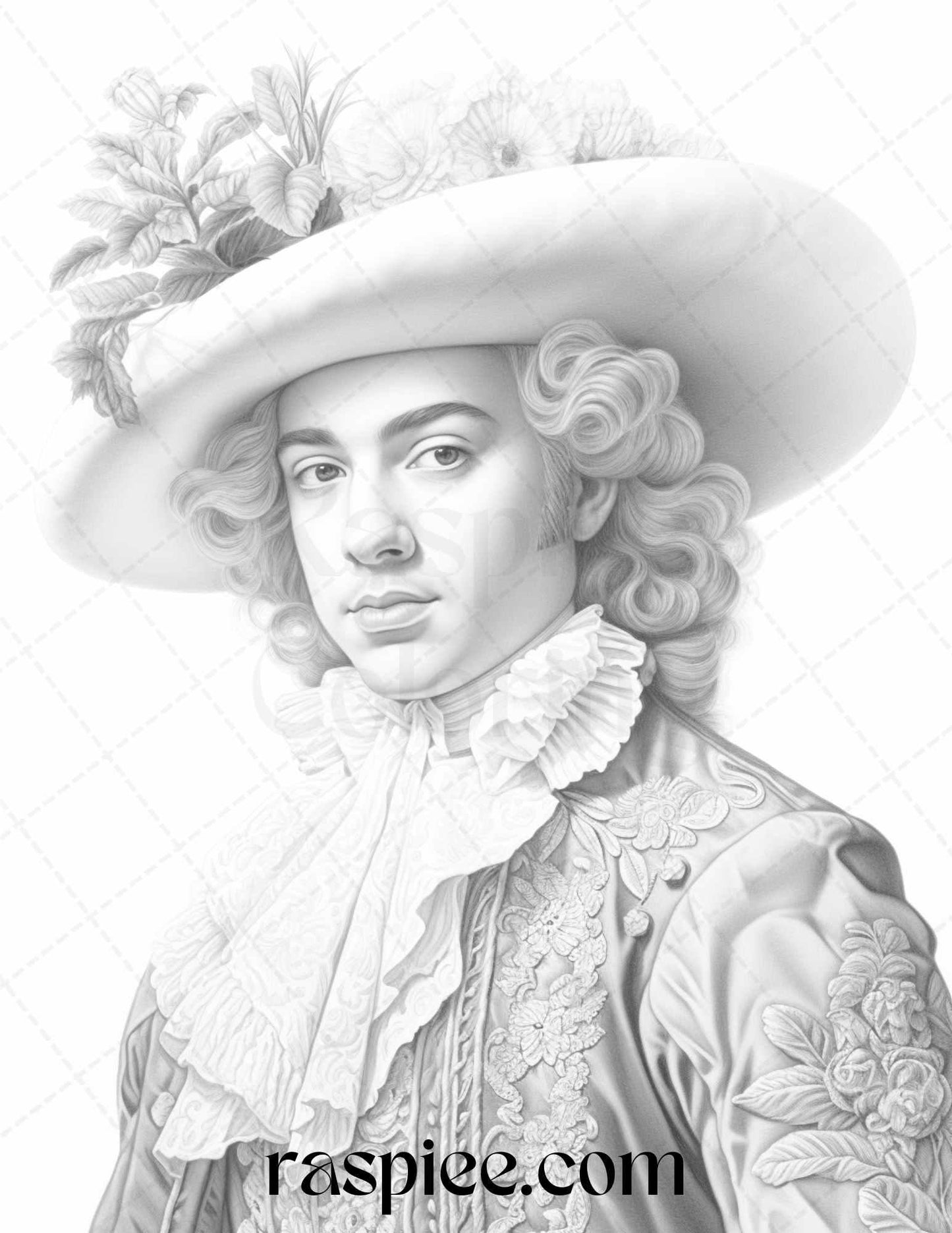 50 Baroque Man Portrait Grayscale Graysale Coloring Pages Printable for Adults, PDF File Instant Download