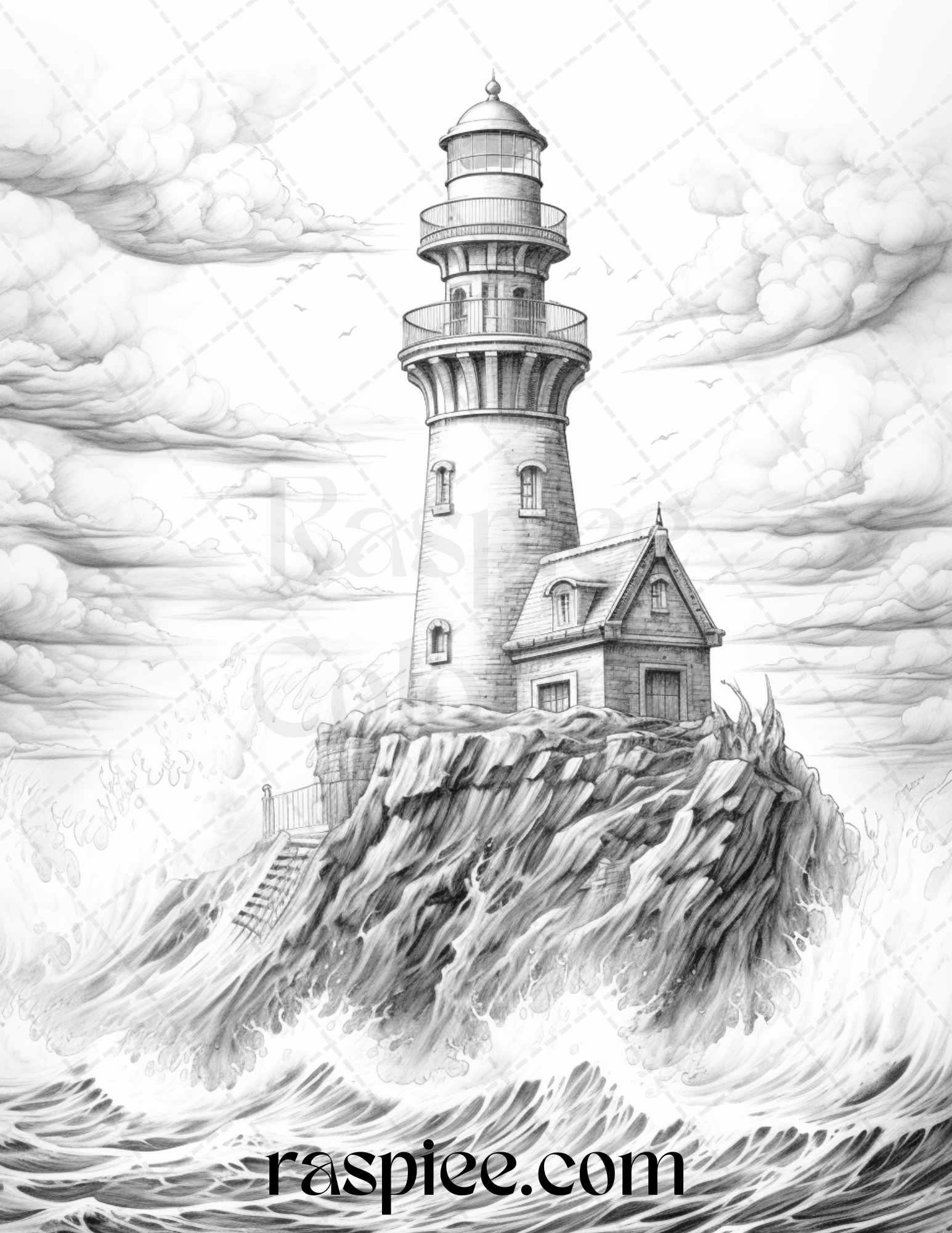 40 Majestic Lighthouses Grayscale Coloring Pages Printable for Adults, PDF File Instant Download