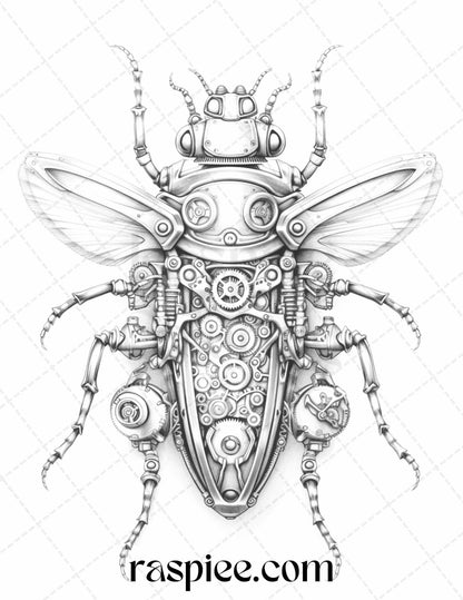 42 Steampunk Bugs Grayscale Coloring Pages Printable for Adults, PDF File Instant Download