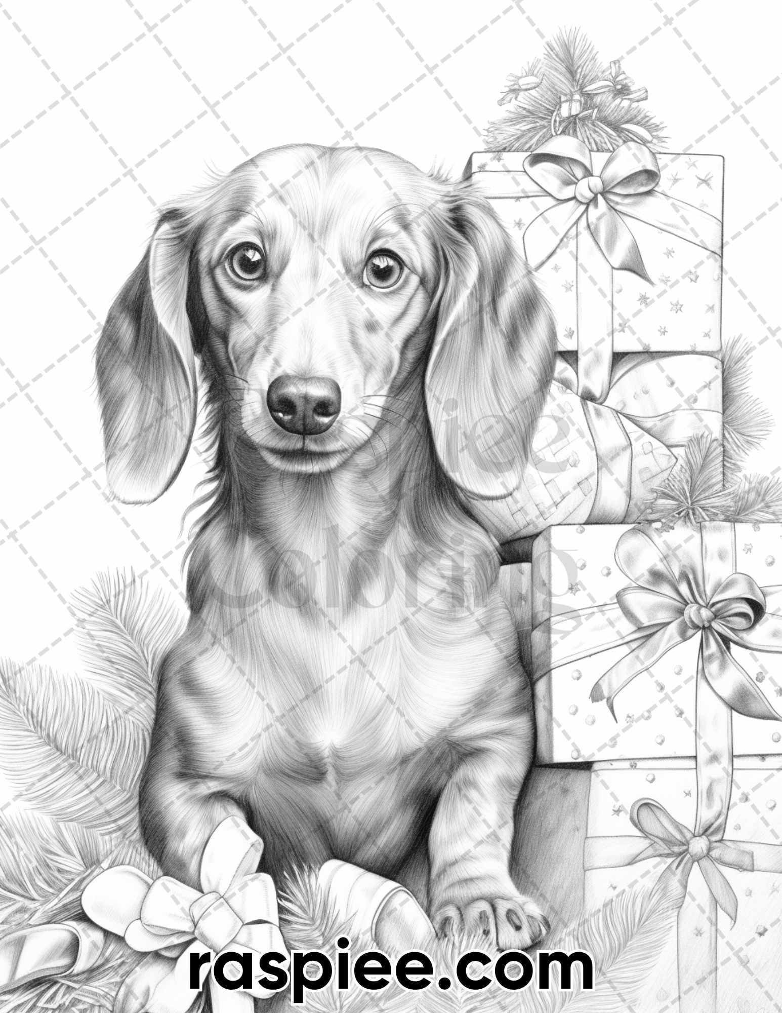 45 Christmas Dogs Grayscale Coloring Pages for Adults, Printable PDF Instant Download