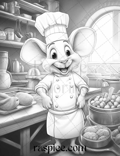 45 Mouse Chef Grayscale Coloring Pages Printable for Adults, PDF File Instant Download