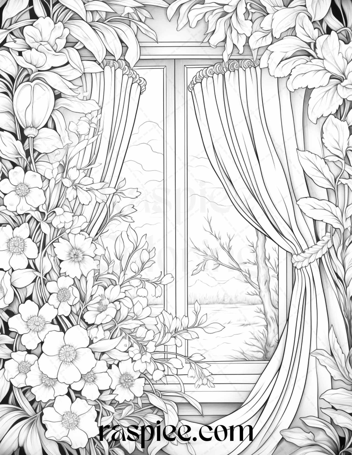 50 Blooming Windows Grayscale Coloring Pages Printable for Adults, PDF File Instant Download