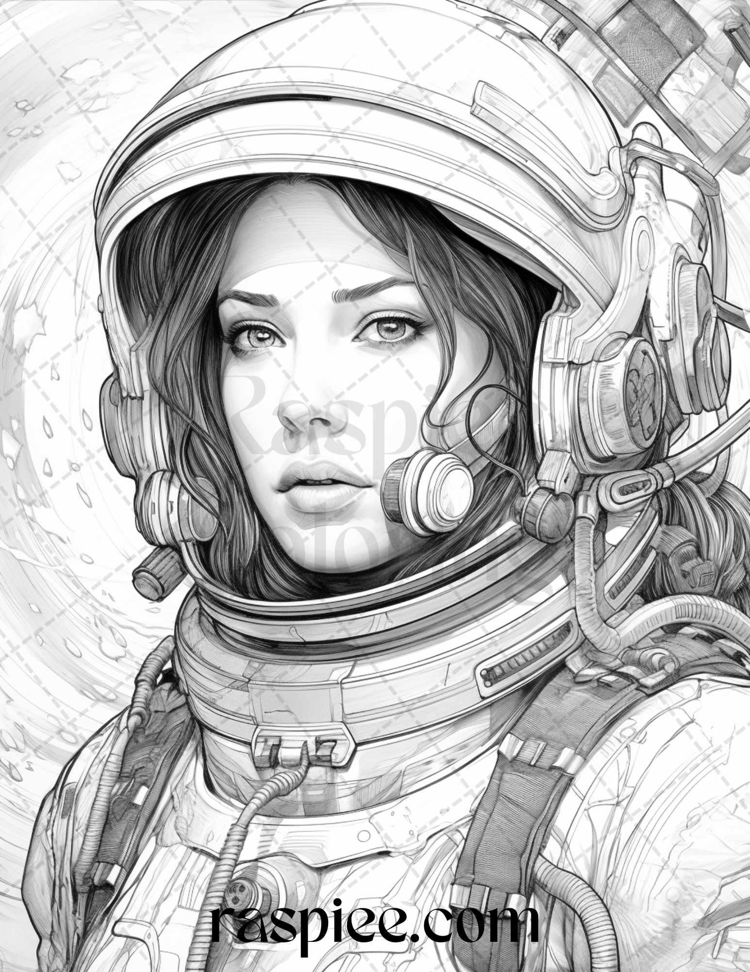 50 Astronaut Girl Portrait Grayscale Coloring Pages Printable for Adults, PDF File Instant Download