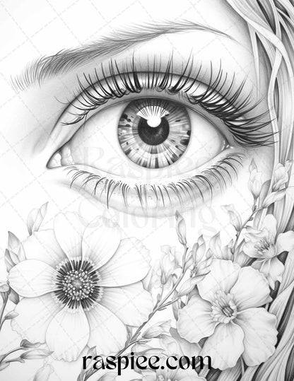 40 Charming Eyes Grayscale Coloring Pages Printable for Adults, PDF File Instant Download