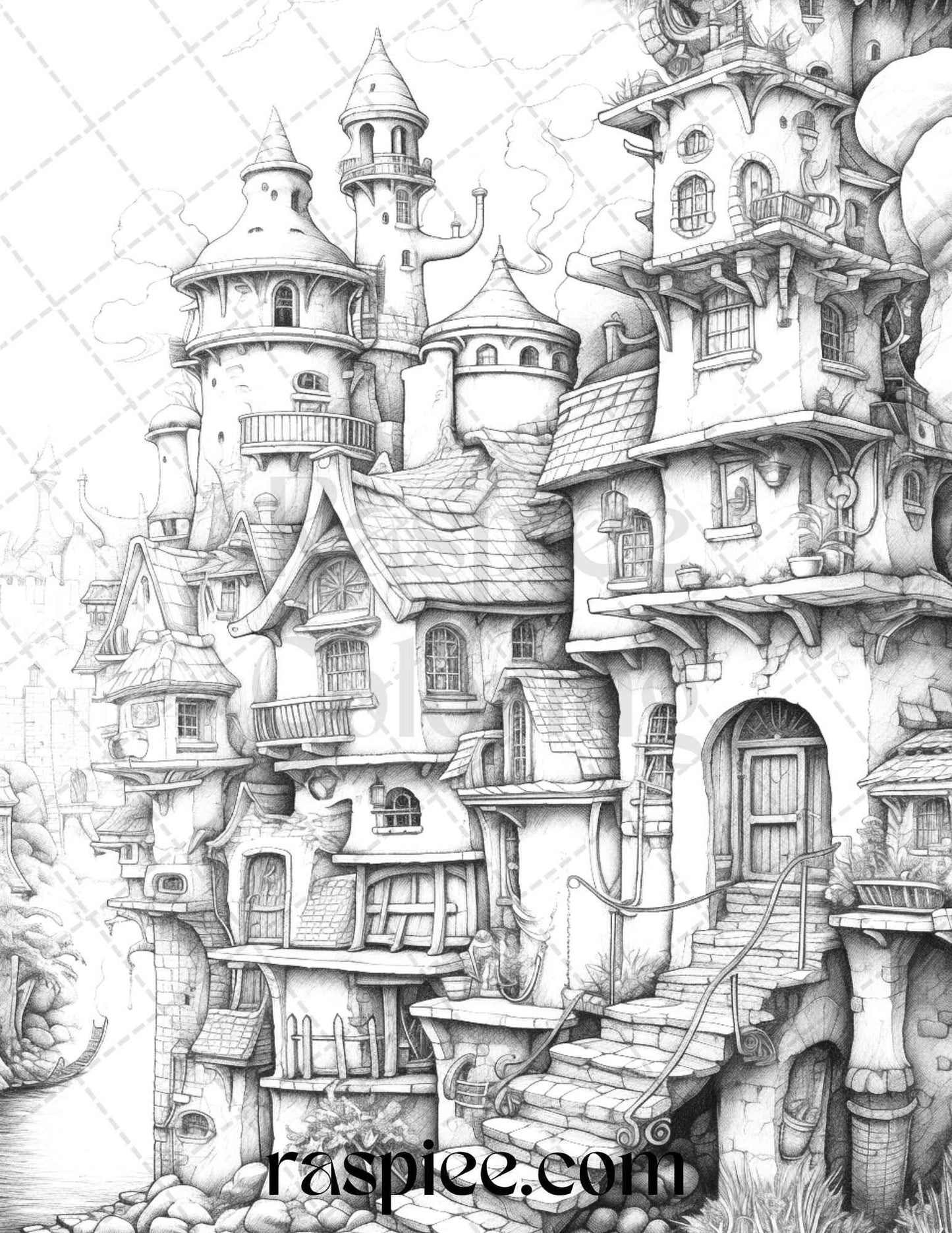 40 Fantasy Village Grayscale Coloring Pages Printable for Adults, PDF File Instant Download