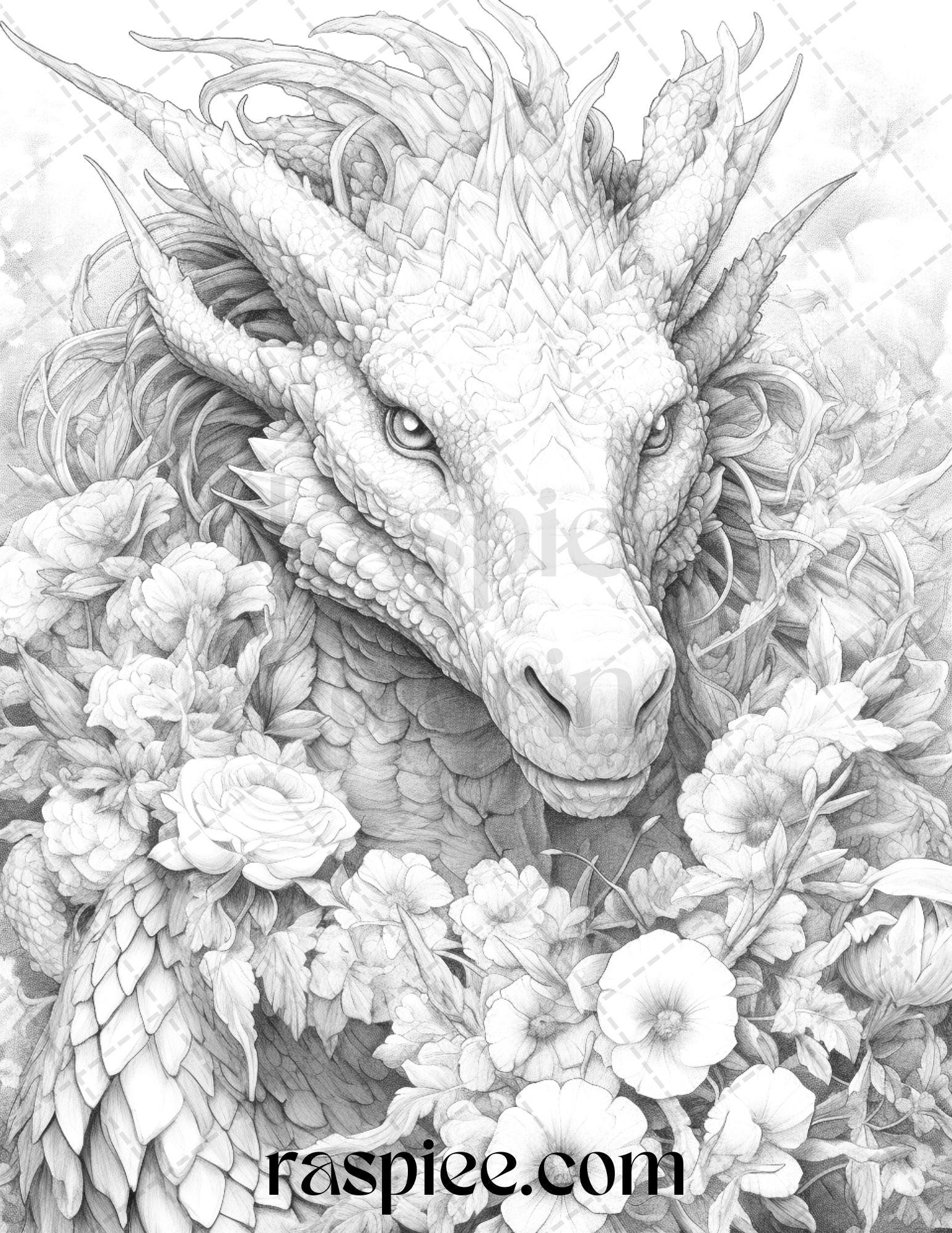 40 Flower Dragon Grayscale Coloring Pages Printable for Adults, PDF File Instant Download