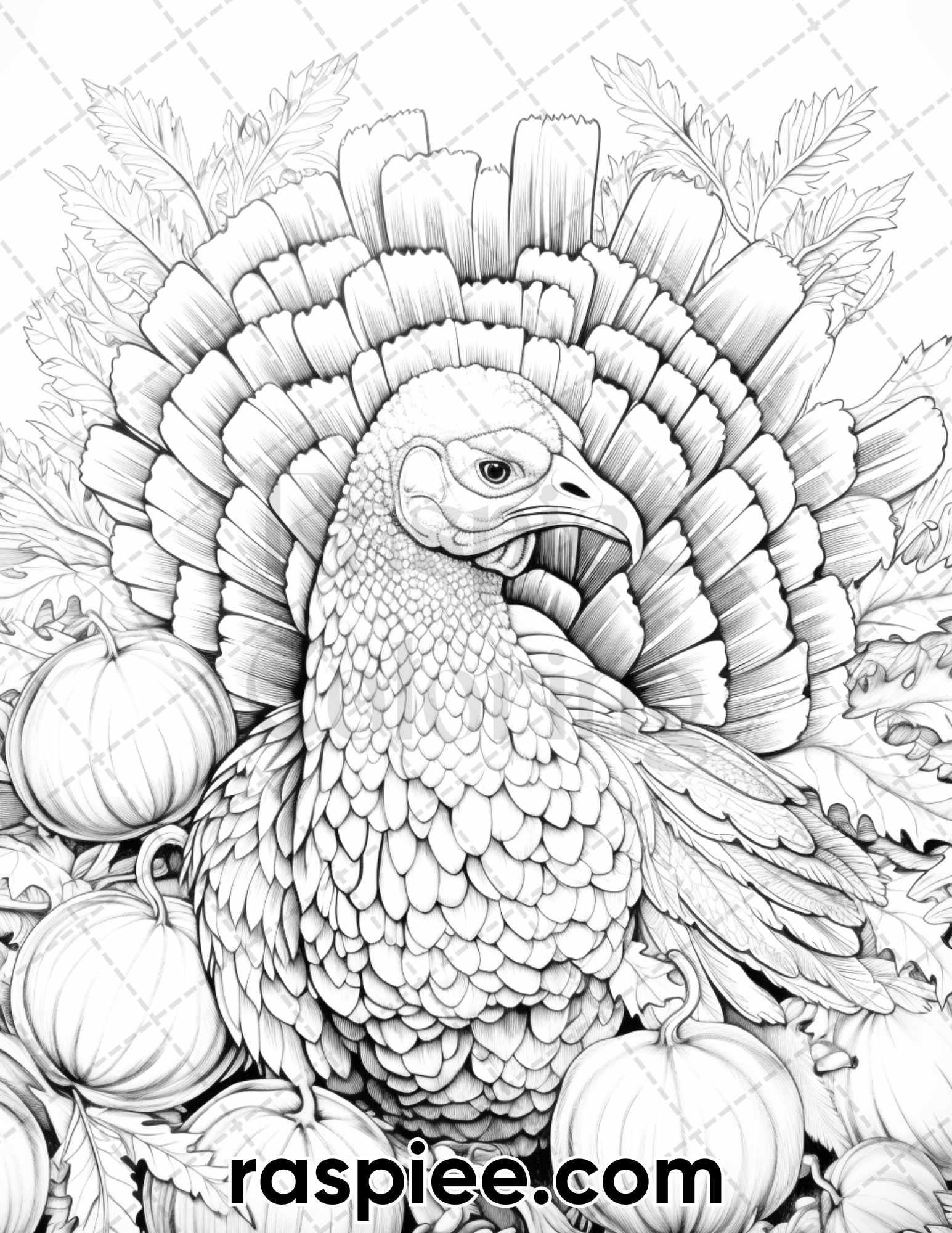 40 Happy Thanksgiving Grayscale Coloring Pages for Adults, Printable PDF Instant Download