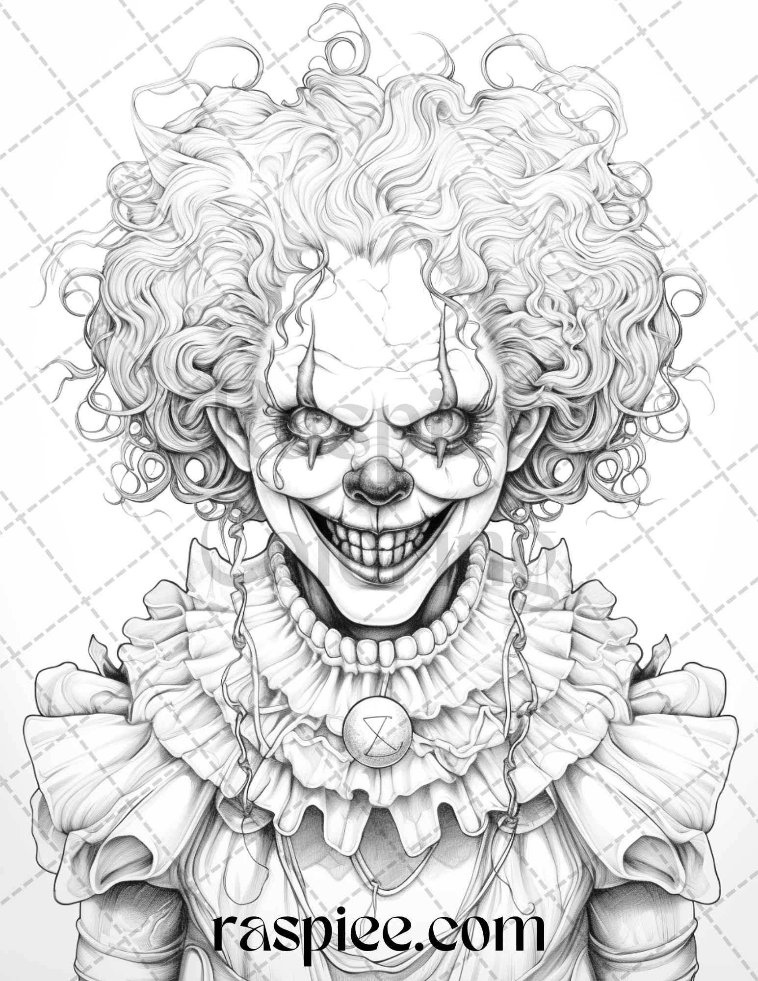 40 Spooky Clowns Grayscale Coloring Pages Printable for Adults, PDF File Instant Download