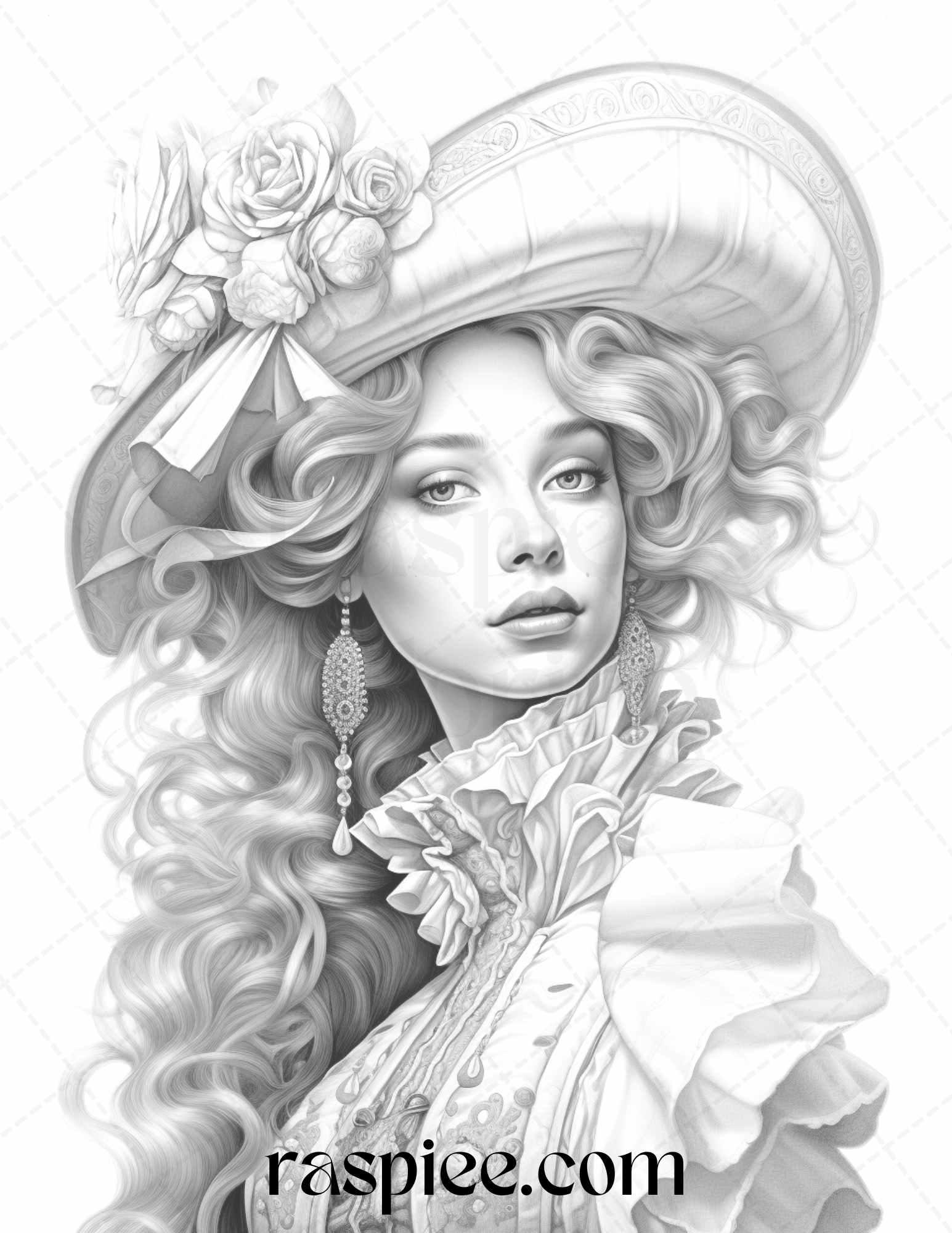 40 Baroque Women Portrait Grayscale Adult Coloring Pages Printable, PDF File Instant Download