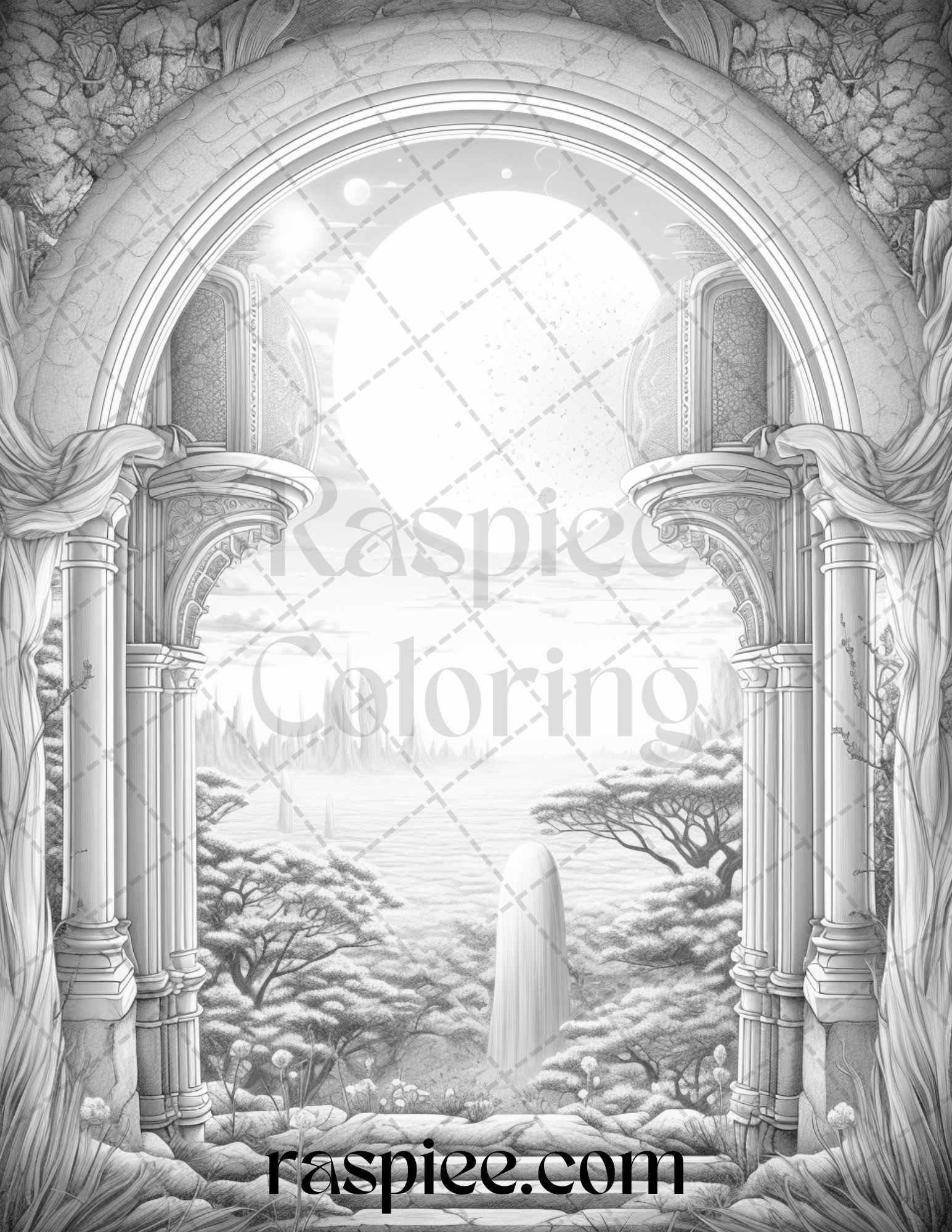 40 Window to Fantasy Worlds Grayscale Coloring Pages Printable for Adults, PDF File Instant Download