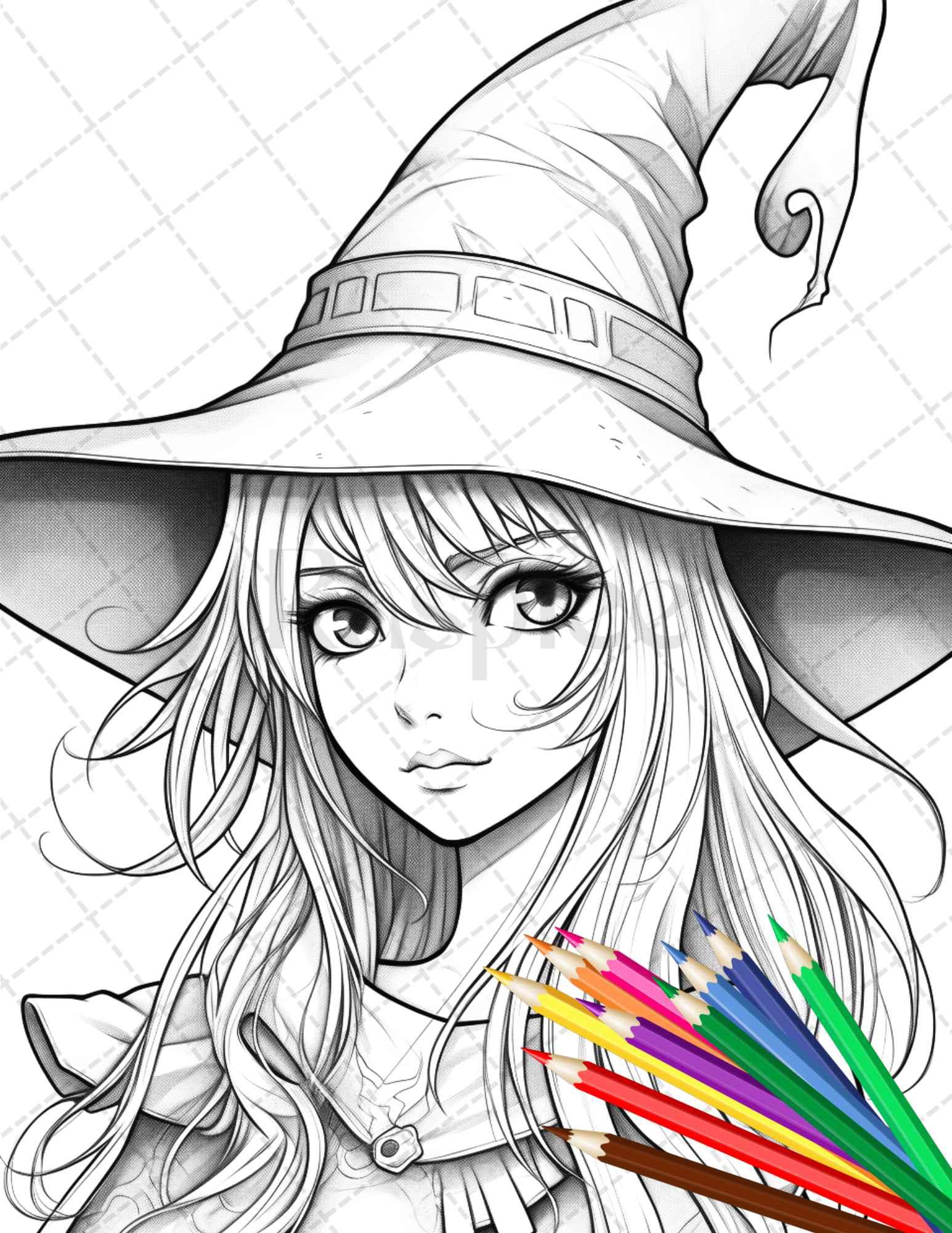 40 Cute Witches Coloring Pages Printable for Adults, Grayscale Coloring Page, PDF File Instant Download