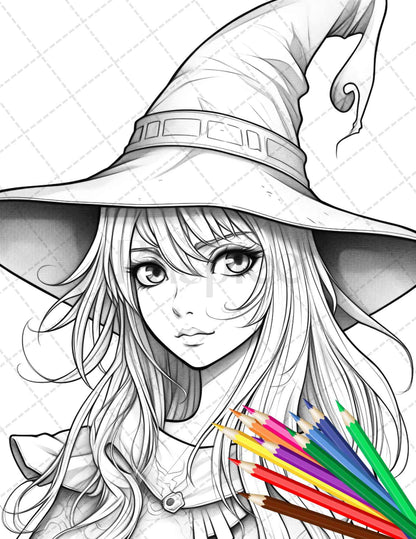 40 Cute Witches Coloring Pages Printable for Adults, Grayscale Coloring Page, PDF File Instant Download