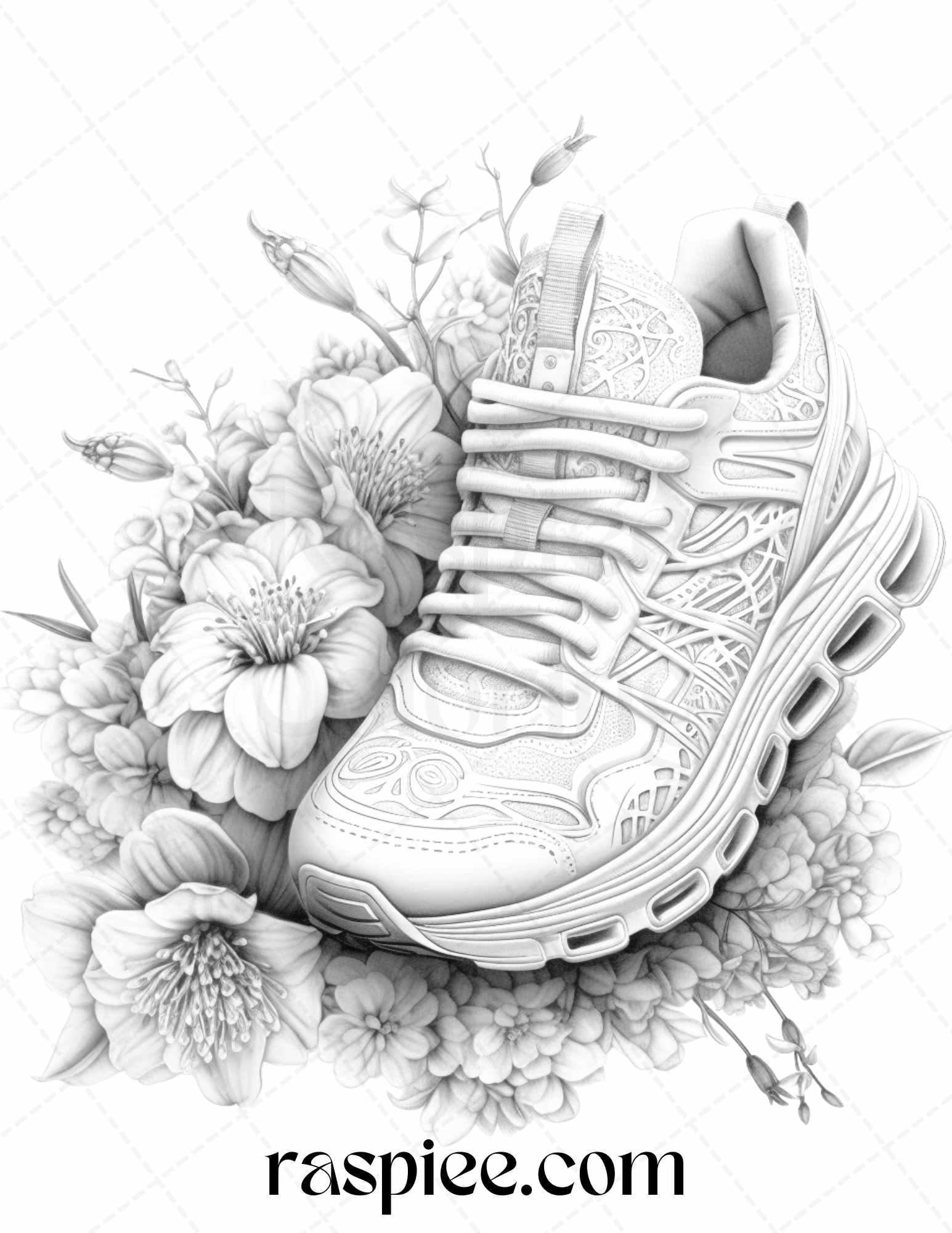 40 Flower Sneakers Grayscale Coloring Pages Printable for Adults, PDF File Instant Download