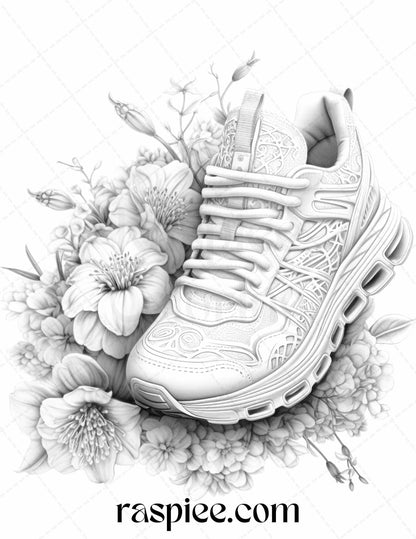 40 Flower Sneakers Grayscale Coloring Pages Printable for Adults, PDF File Instant Download