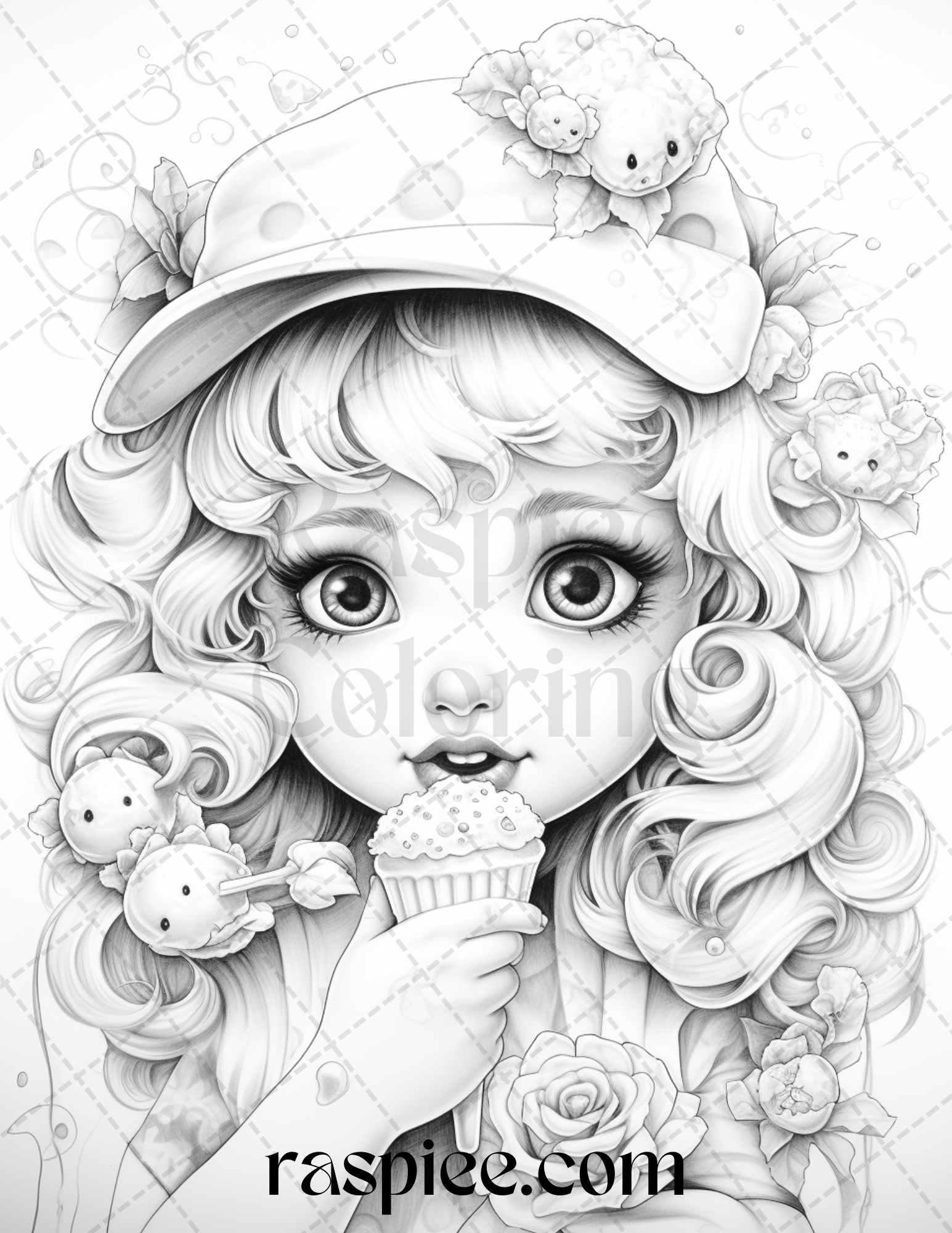 42 Adorable Girls with Ice Cream Grayscale Coloring Pages Printable for Adults Kids, PDF File Instant Download