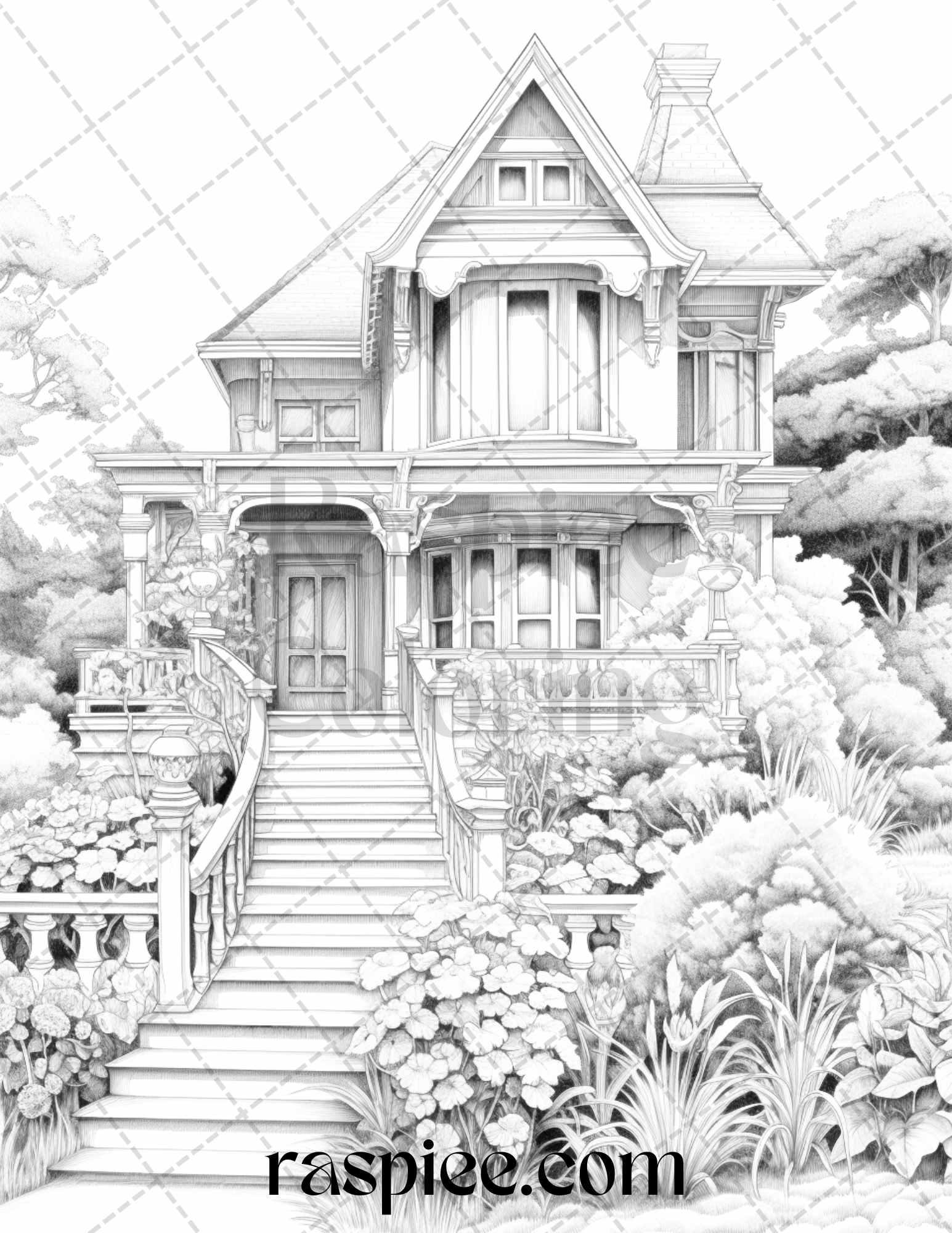 40 Victorian Houses Grayscale Coloring Pages Printable for Adults, PDF File Instant Download