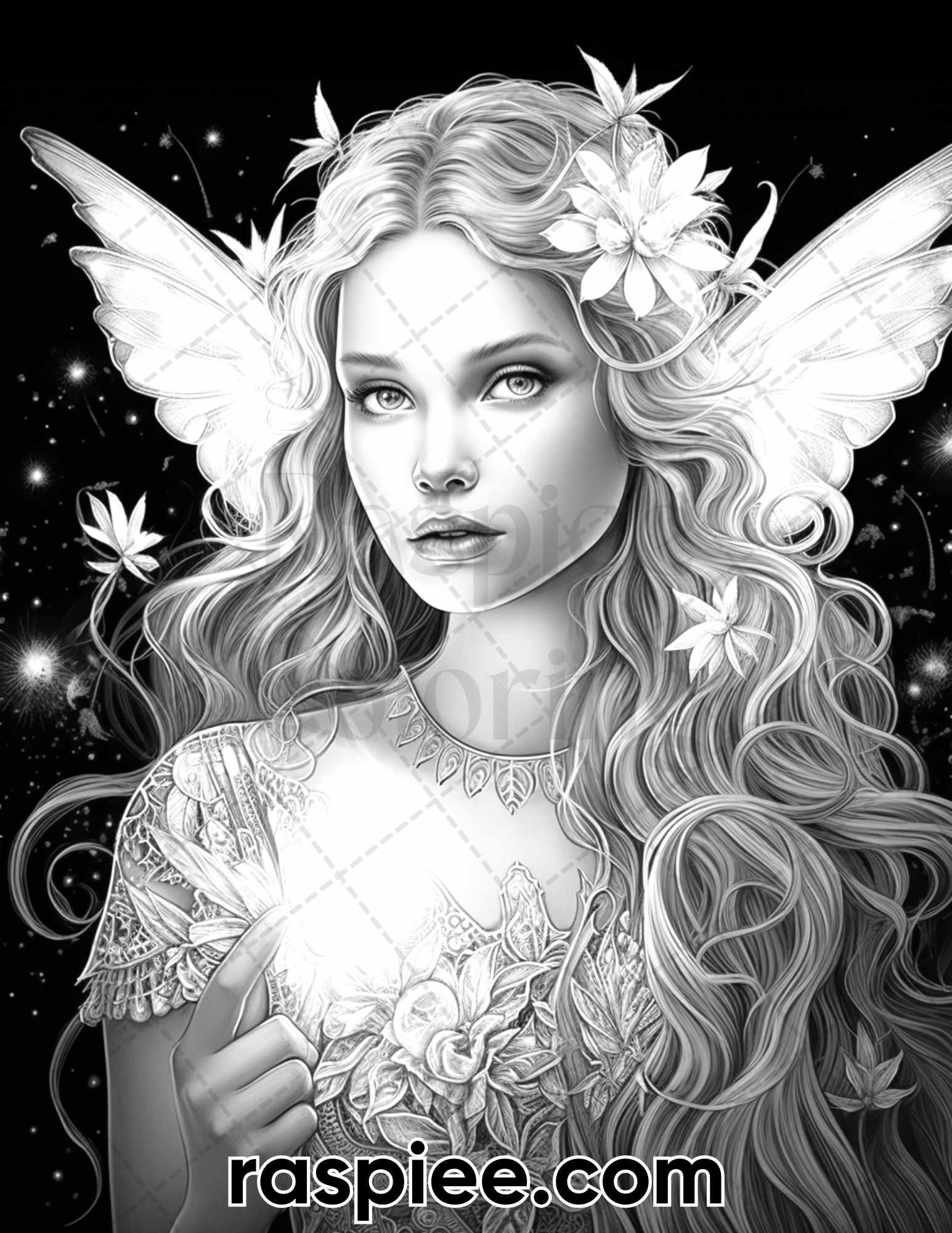 50 Starlight Fairy Grayscale Coloring Pages for Adults, Printable PDF File Instant Download