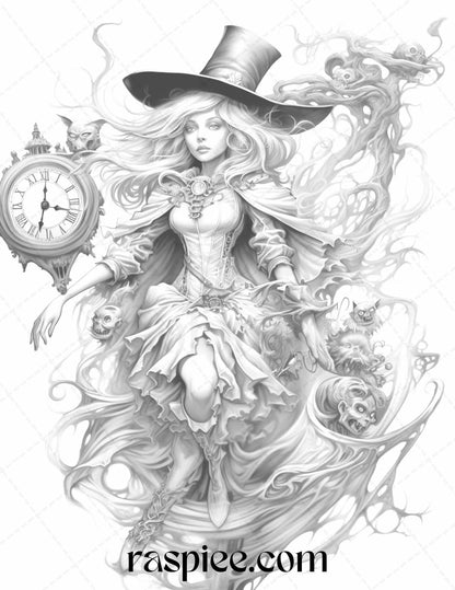 40 Witchy Land Grayscale Coloring Pages Printable for Adults, PDF File Instant Download