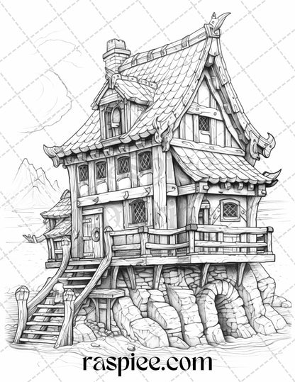 40 Viking Houses Grayscale Coloring Pages Printable for Adults, PDF File Instant Download