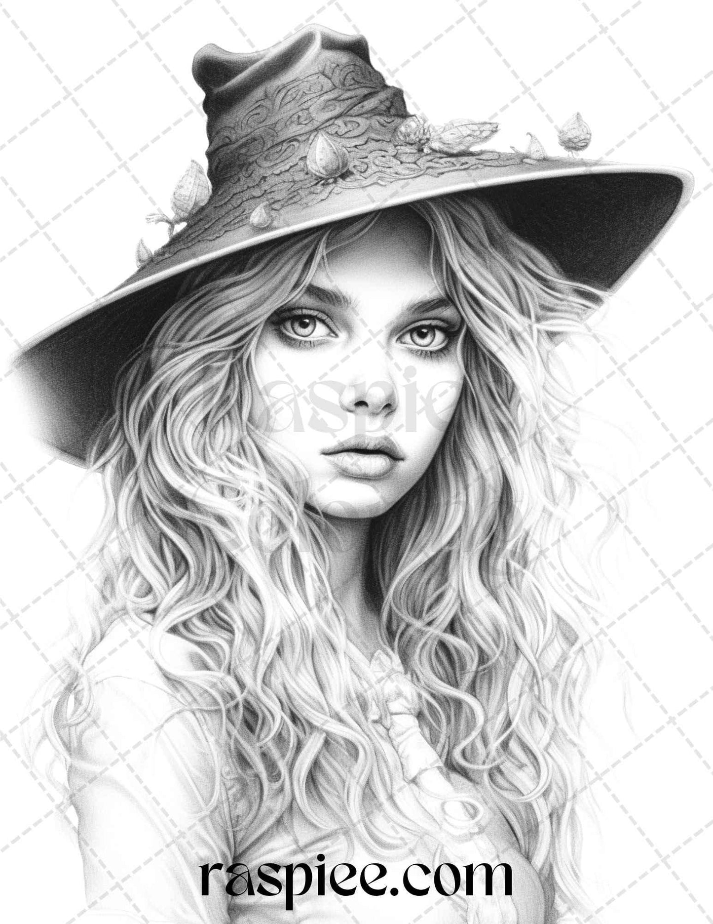 40 Beautiful Witches Grayscale Coloring Pages Printable for Adults, PDF File Instant Download