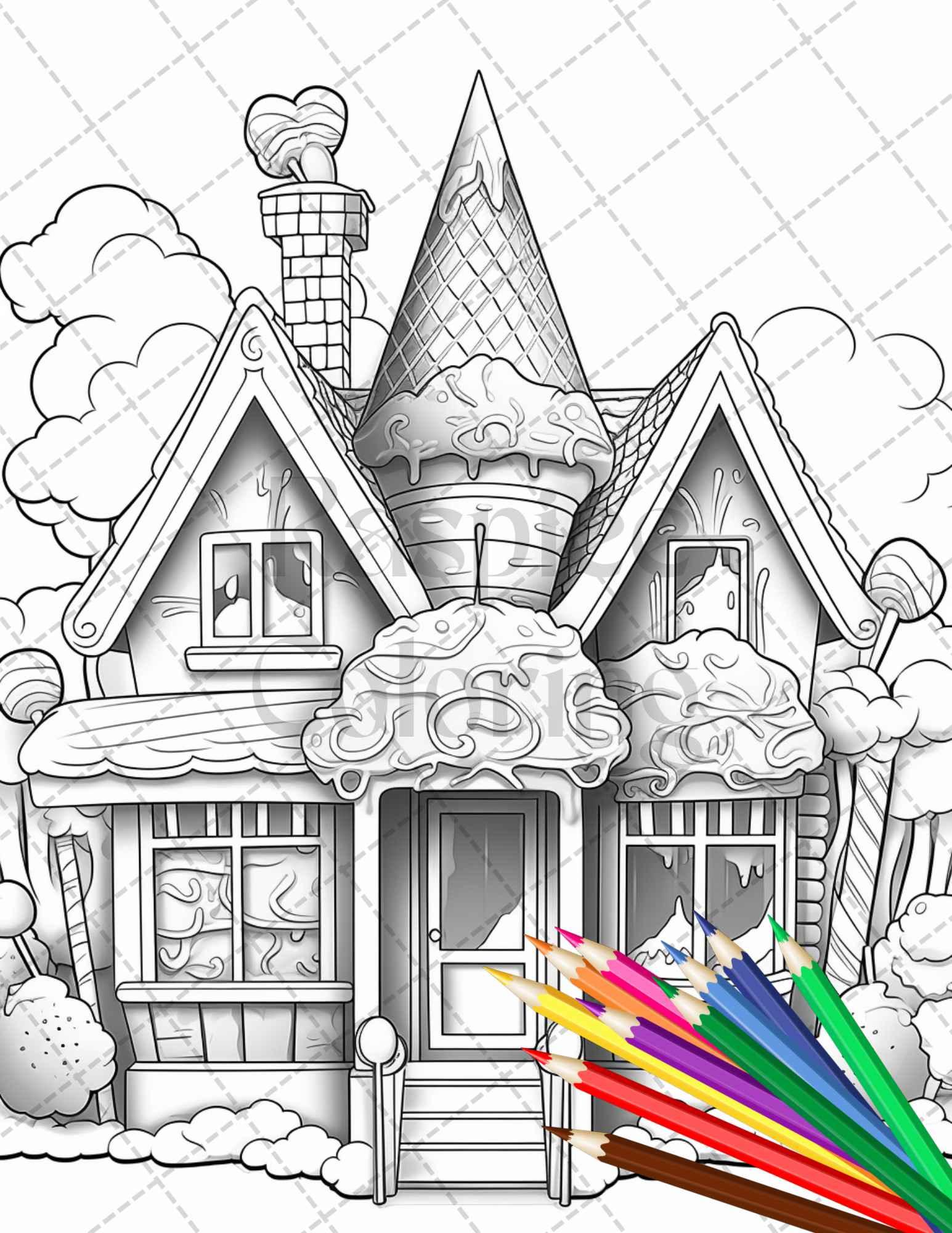 33 Ice Cream Houses Grayscale Coloring Pages Printable for Adults and Kids, PDF File Instant Download