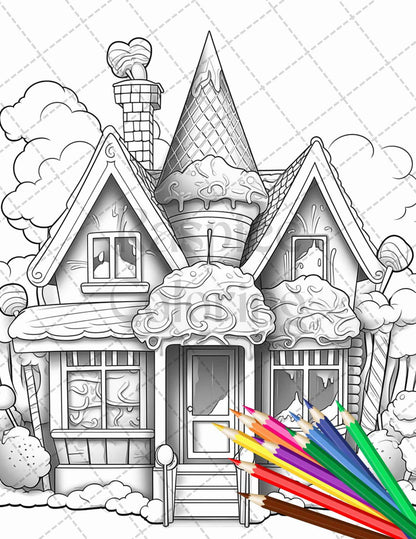 33 Ice Cream Houses Grayscale Coloring Pages Printable for Adults and Kids, PDF File Instant Download