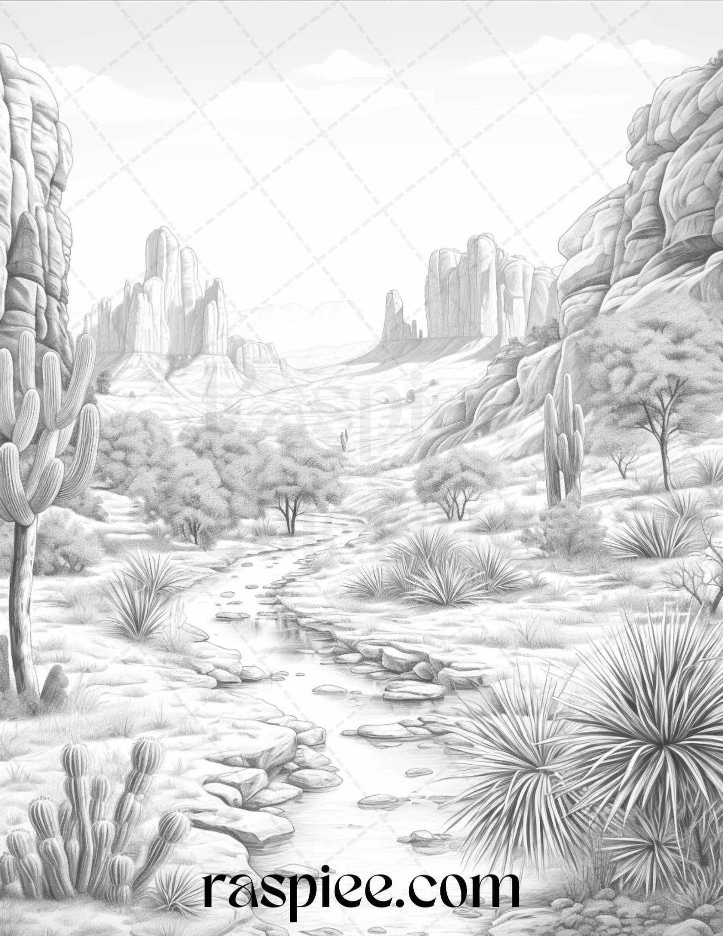 40 Desert Landscapes Grayscale Coloring Pages Printable for Adults, PDF File Instant Download