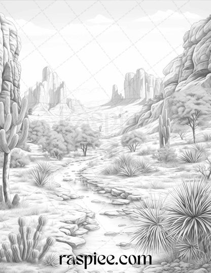 40 Desert Landscapes Grayscale Coloring Pages Printable for Adults, PDF File Instant Download