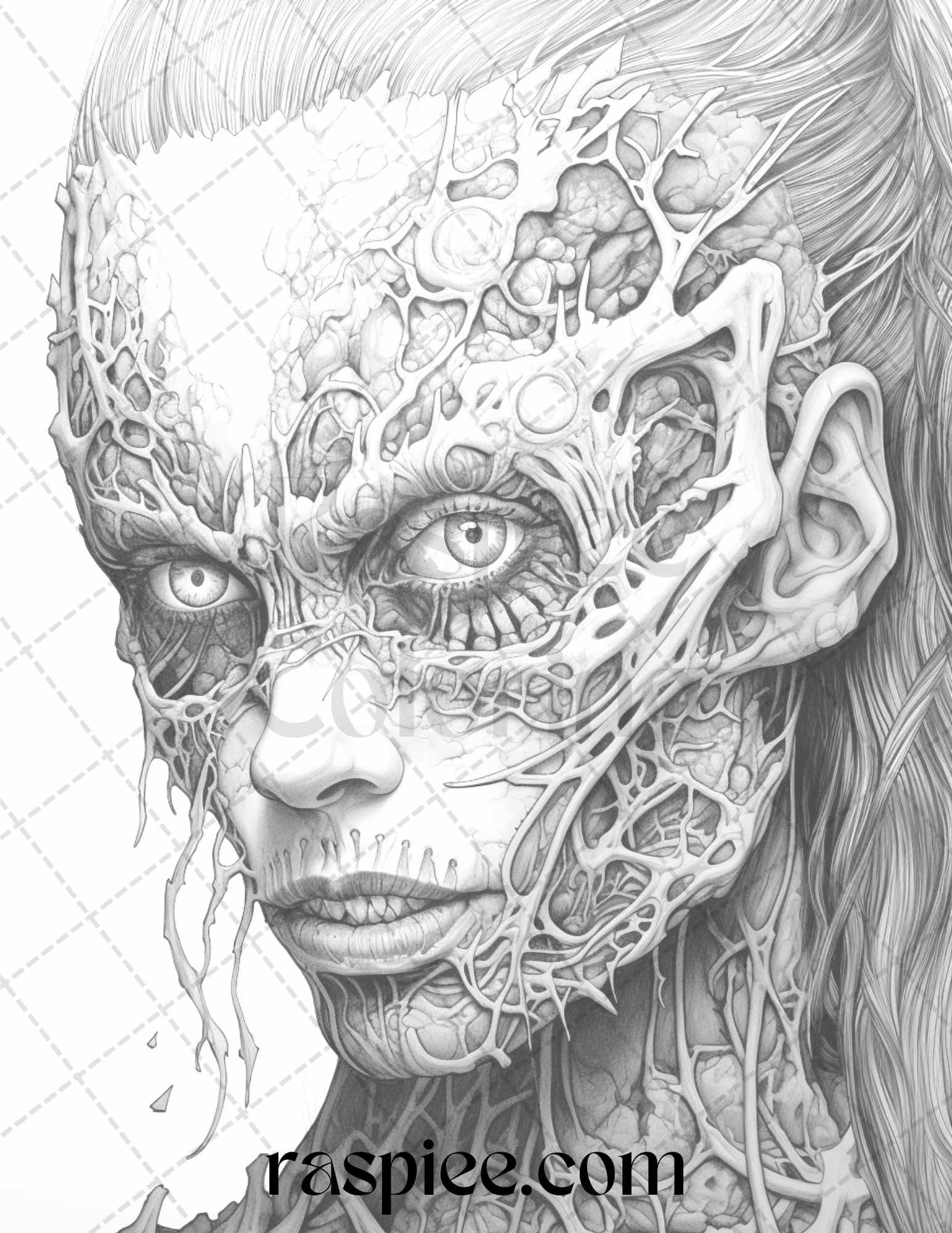 40 Scary Zombie Girls Grayscale Coloring Pages Printable for Adults, PDF File Instant Download