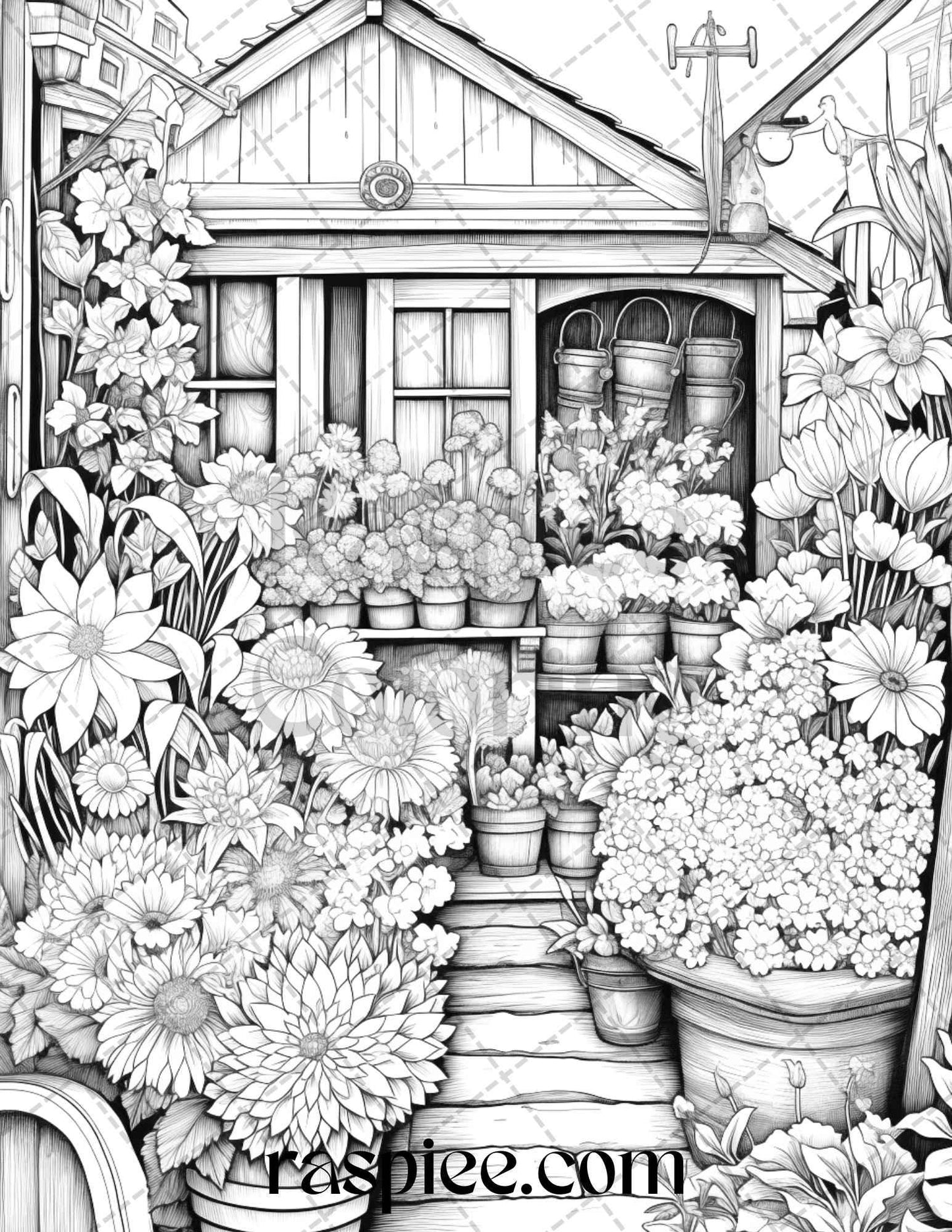 45 Flower Store Front Grayscale Coloring Pages Printable for Adults, PDF File Instant Download