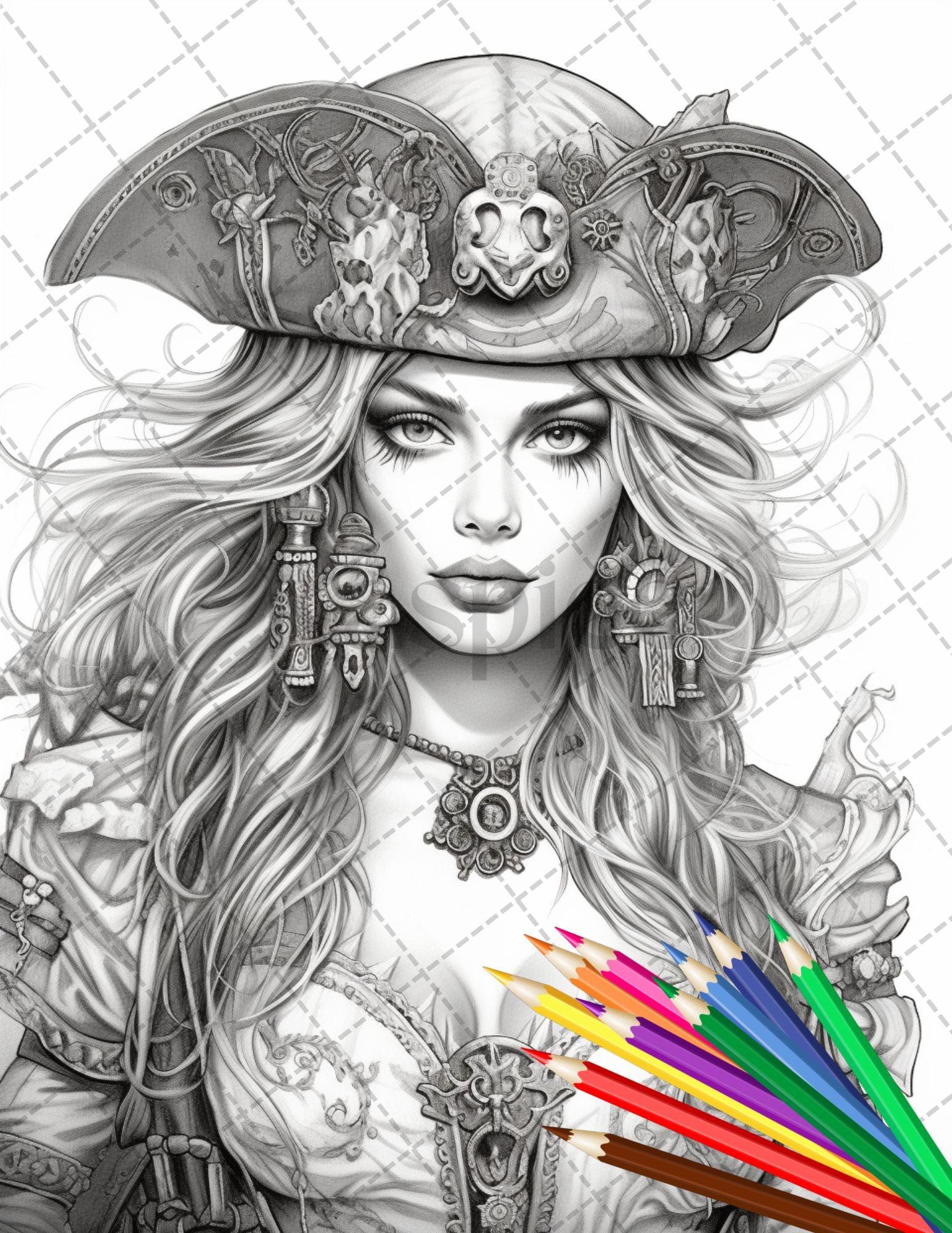 48 Beautiful Pirate Princess Coloring Book Printable for Adults, Grayscale Coloring Page, PDF File Instant Download