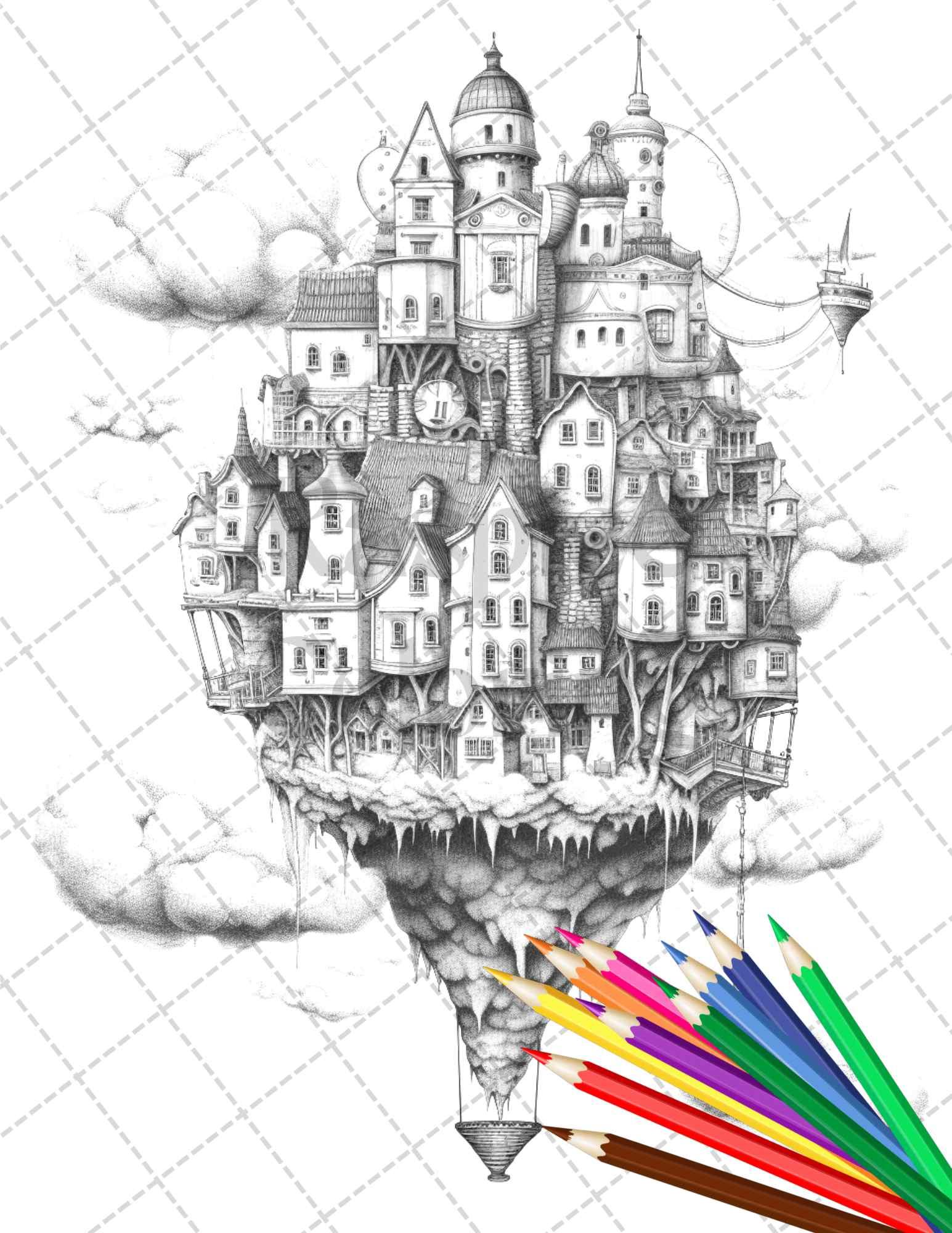 40 Fantasy Sky Houses Grayscale Coloring Pages Printable for Adults, PDF File Instant Download