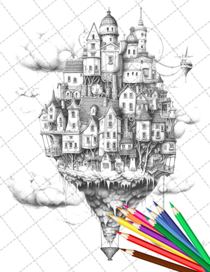 40 Fantasy Sky Houses Grayscale Coloring Pages Printable for Adults, PDF File Instant Download