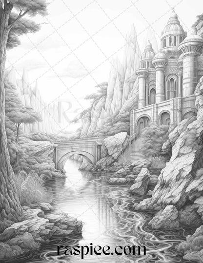 40 Fantasy Landscapes Grayscale Coloring Pages Printable for Adults, PDF File Instant Download