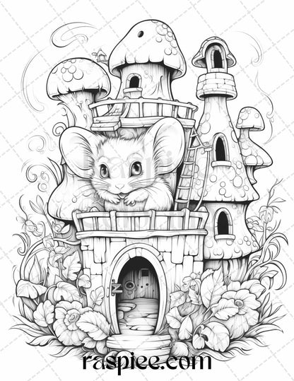 40 Magical Mouse Houses Grayscale Coloring Pages Printable for Adults, PDF File Instant Download