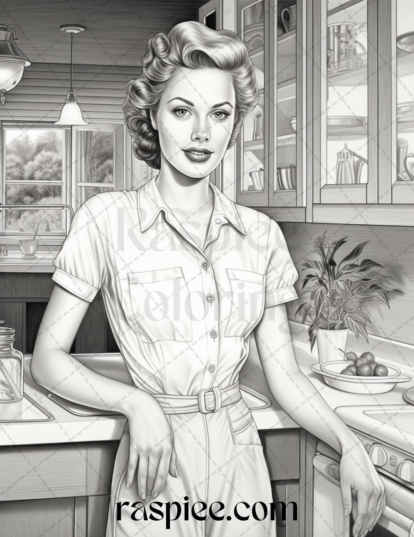 40 Retro Housewives Grayscale Coloring Pages for Adults, Printable PDF File Instant Download