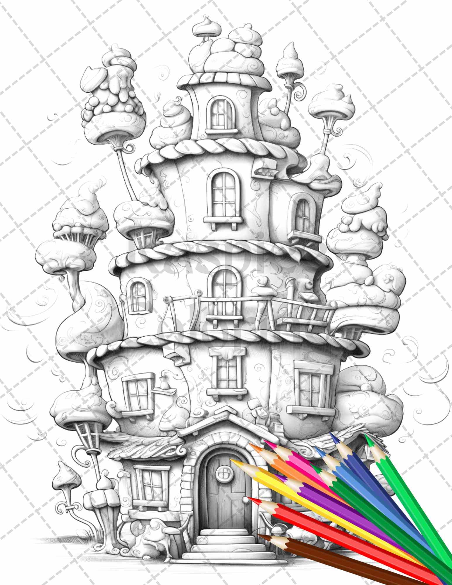 50 Adorable Cake Houses Grayscale Coloring Pages Printable for Adults and Kids, PDF File Instant Download