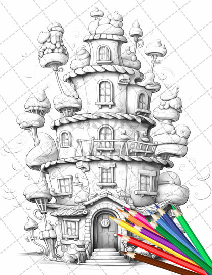 50 Adorable Cake Houses Grayscale Coloring Pages Printable for Adults and Kids, PDF File Instant Download