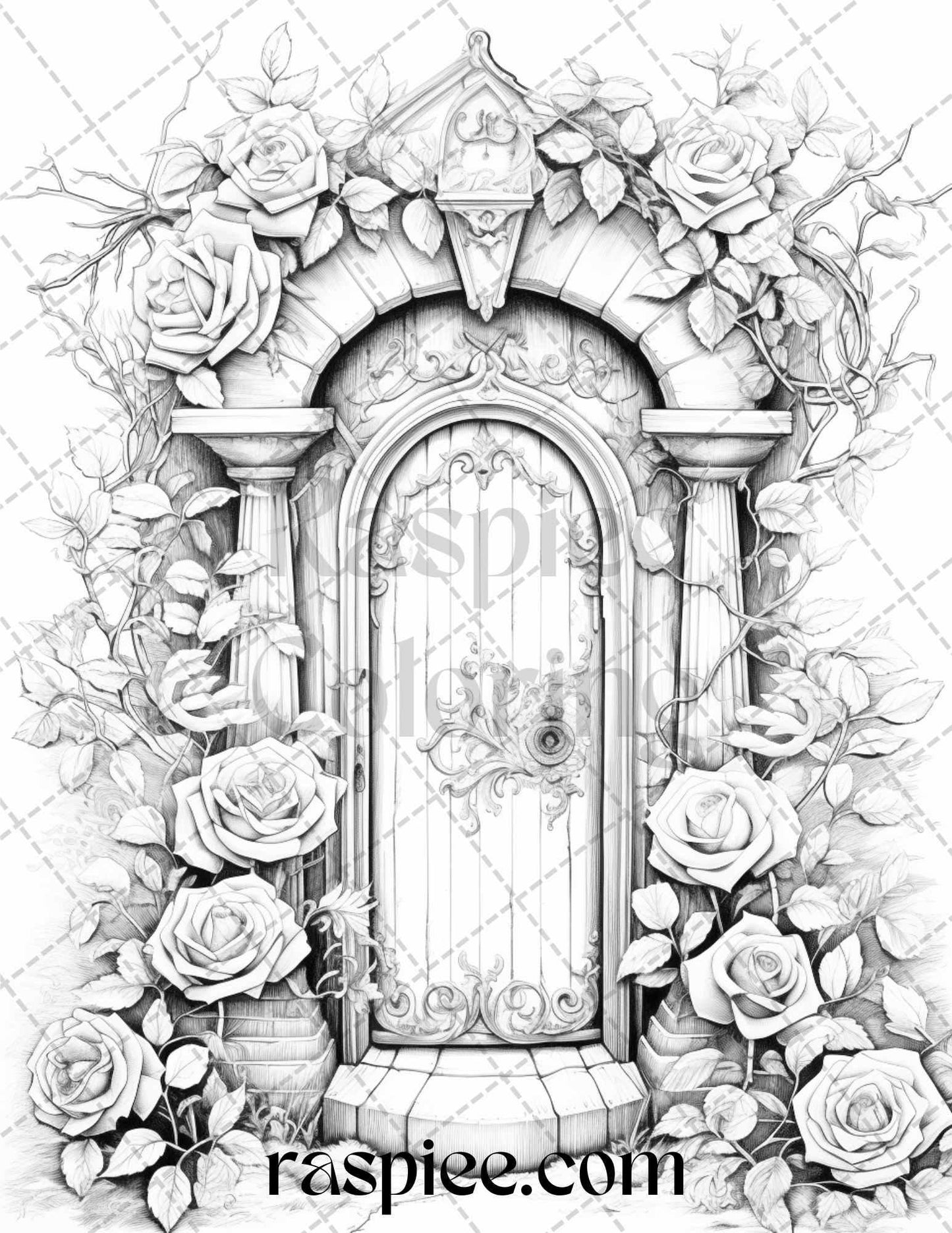 40 Flower Fairy Doors Grayscale Coloring Pages Printable for Adults, PDF File Instant Download