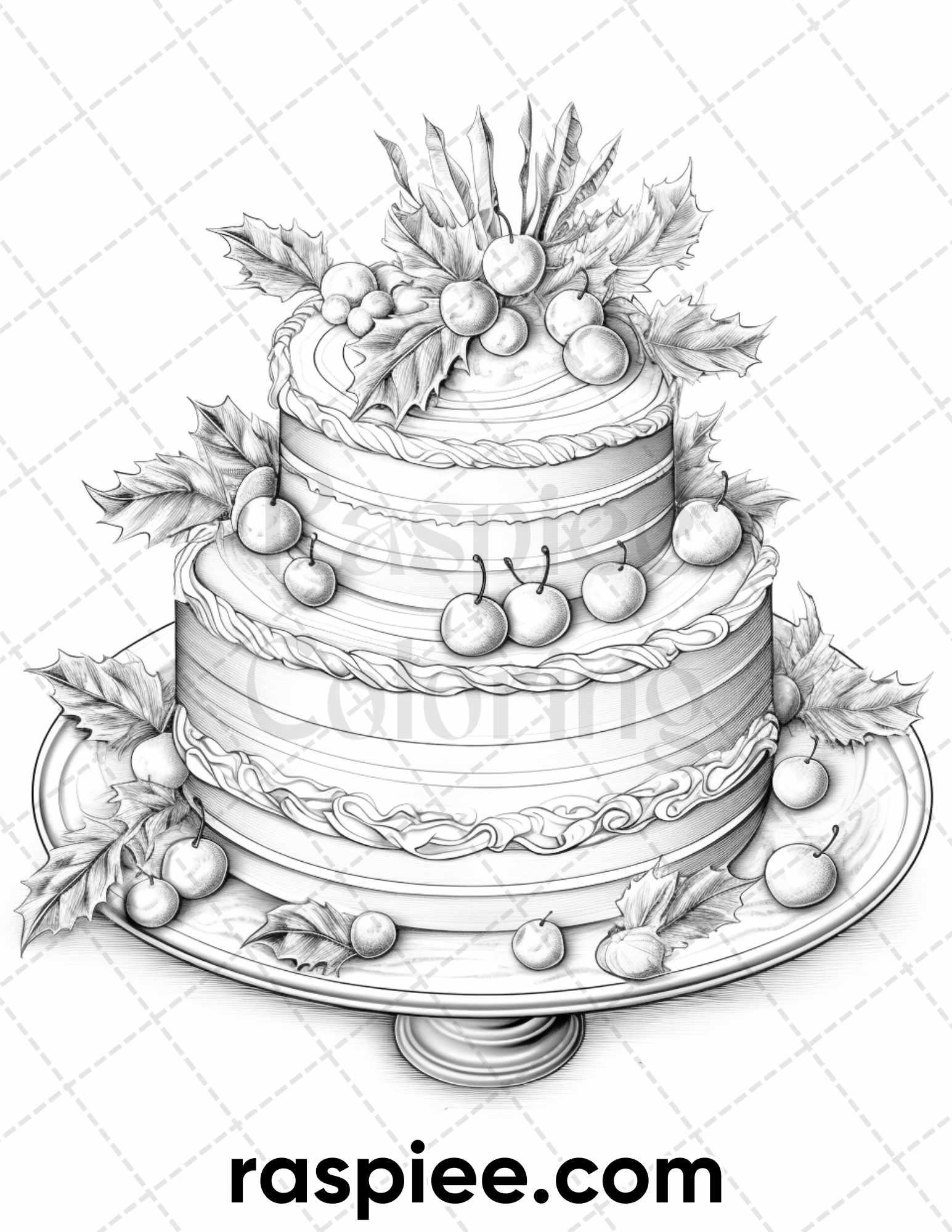 45 Christmas Cakes Grayscale Coloring Pages for Adults, Printable PDF File Instant Download