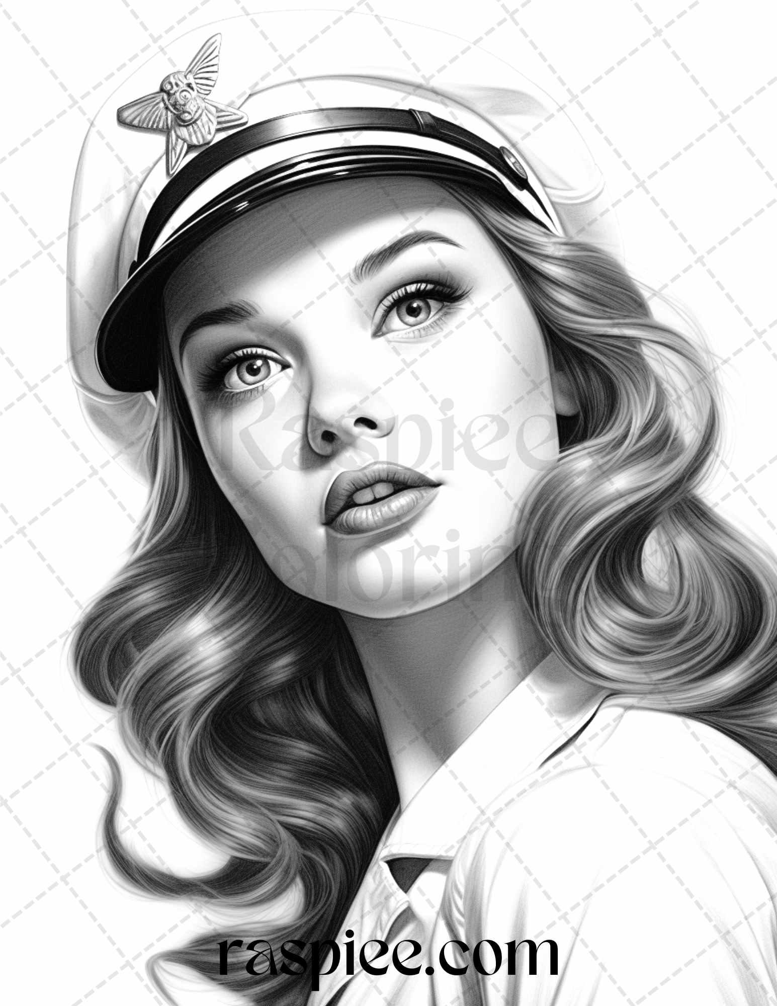 40 Sailor Pin Up Girls Grayscale Coloring Pages Printable for Adults, PDF File Instant Download