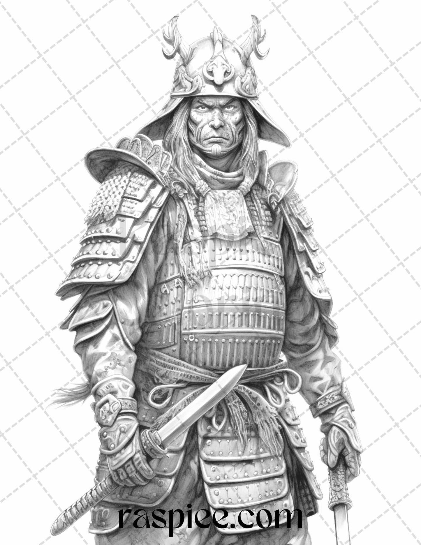 42 Japanese Samurai Grayscale Coloring Pages for Adults, Printable PDF File Instant Download