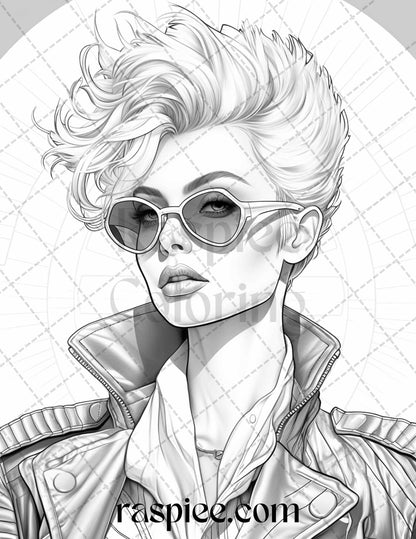 1980s New Wave Pop Star Grayscale Coloring Pages Printable for Adults, PDF File Instant Download