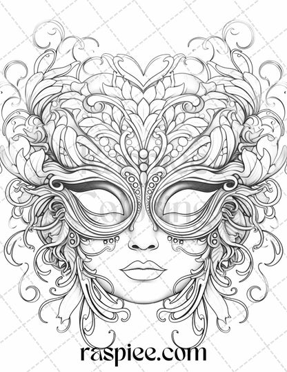 40 Masquerade Masks Grayscale Coloring Pages Printable for Adults, PDF File Instant Download