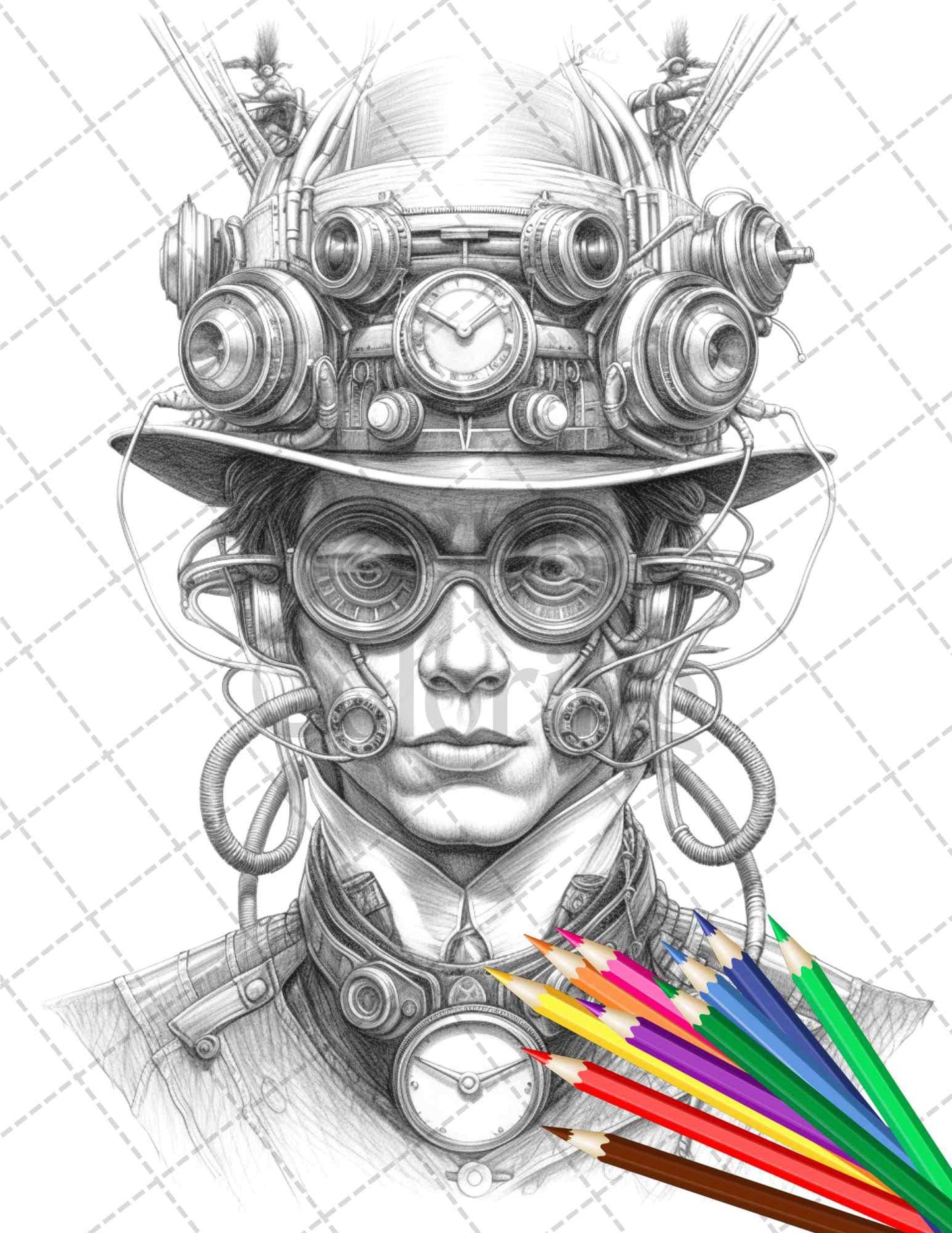 42 Steampunk Mens Grayscale Coloring Pages Printable for Adults, PDF File Instant Download