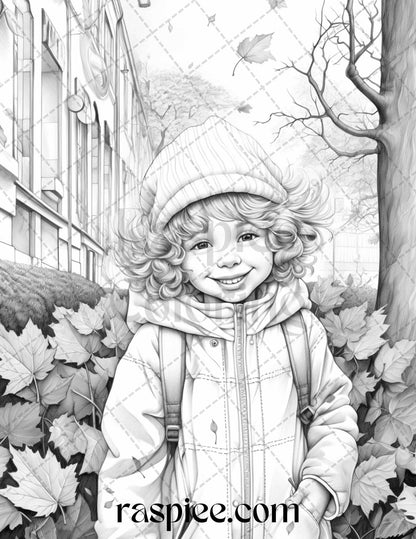 40 Rainy Autumn Day Grayscale Coloring Pages Printable for Adults and Kids, PDF File Instant Download